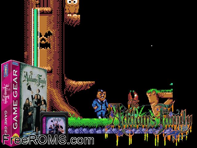 Addams Family, The Game Gear game showing 3D box cover and gameplay screenshot